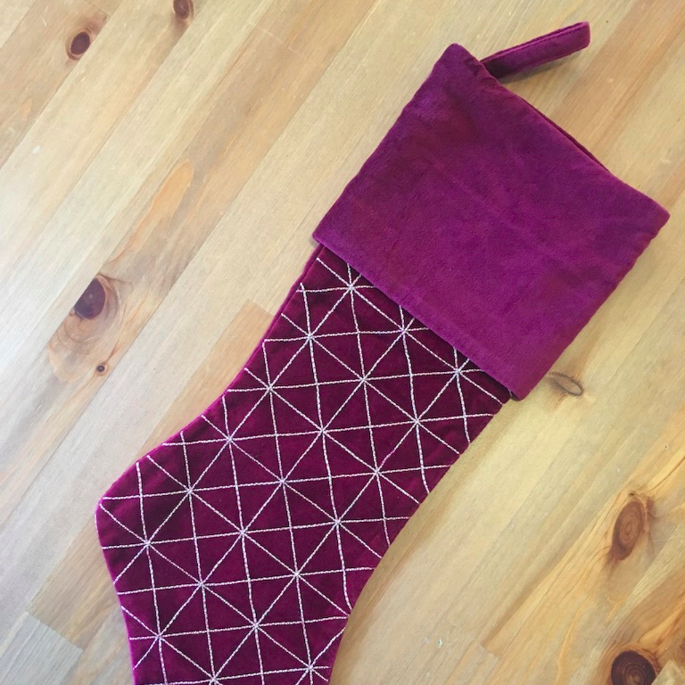 Crate and Barrel Red Velvet Embroidered Stocking